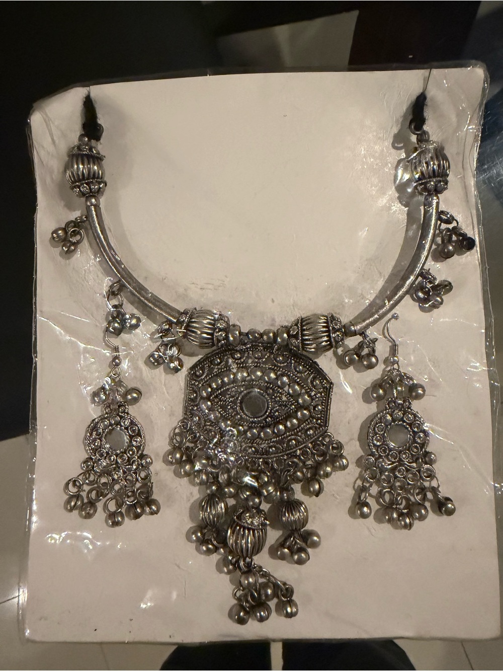Silver-Tone Ethnic Statement Necklace & Earring Set